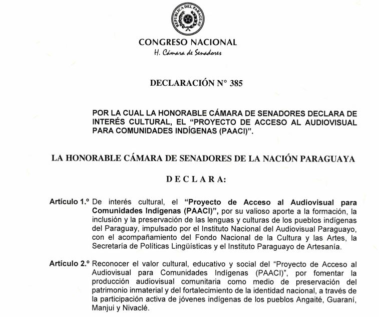 El Senado declara de Interés Cultural el Proyecto de Acceso al Audiovisual para Comunidades Indígenas (PAACI)