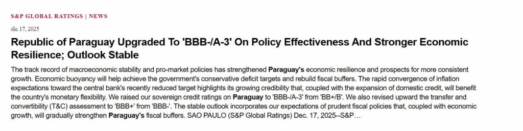 Paraguay obtiene el Grado de Inversión de Standard & Poor’s